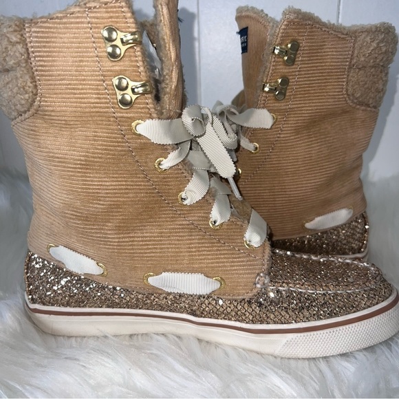 Sprerry Top Sider Acklins Tan Corduroy Gold Glitter Lace Up Boots 7 - Picture 13 of 14